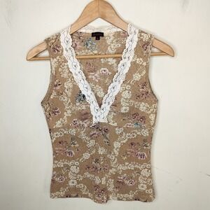 Shameless Floral Tank Top Lace Trim Made in USA Y2K Mesh Knit